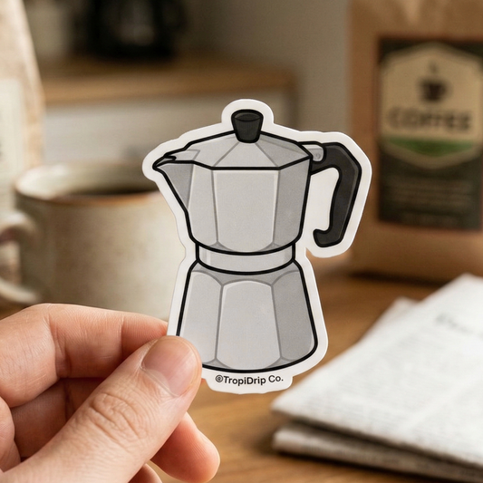 Sticker of a Puerto Rican Greca coffee maker held by a hand with a coffee-themed background. Designed by TropiDrip Co.