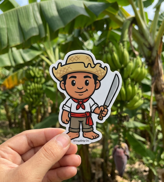 Hand holding El Jibarito sticker with lush plantain trees in the background, cute Puerto Rican farmer vinyl decal showing matte finish, by TropiDrip Co.
