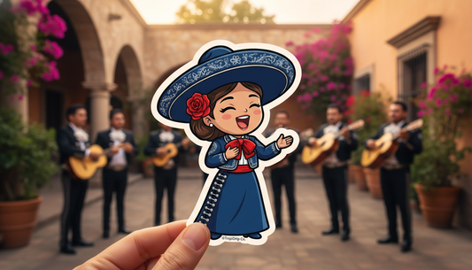 Close-up of a hand holding a TropiDrip Female Mariachi sticker in front of a blurred Mexican hacienda courtyard with a mariachi band in the background during early evening.