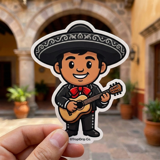 Hand holding cute Mariachi sticker with blurred Mexican hacienda archway in background, waterproof vinyl decal by TropiDrip Co.