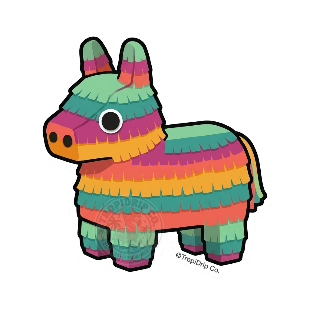 A colorful chibi-style illustration of a classic donkey piñata designed as a die-cut vinyl sticker. The festive character features cute, friendly anime eyes and distinct layered rows of fringed paper in bright shades of teal, magenta, orange, and lime green. The entire design is enclosed in a thick white contour border.
