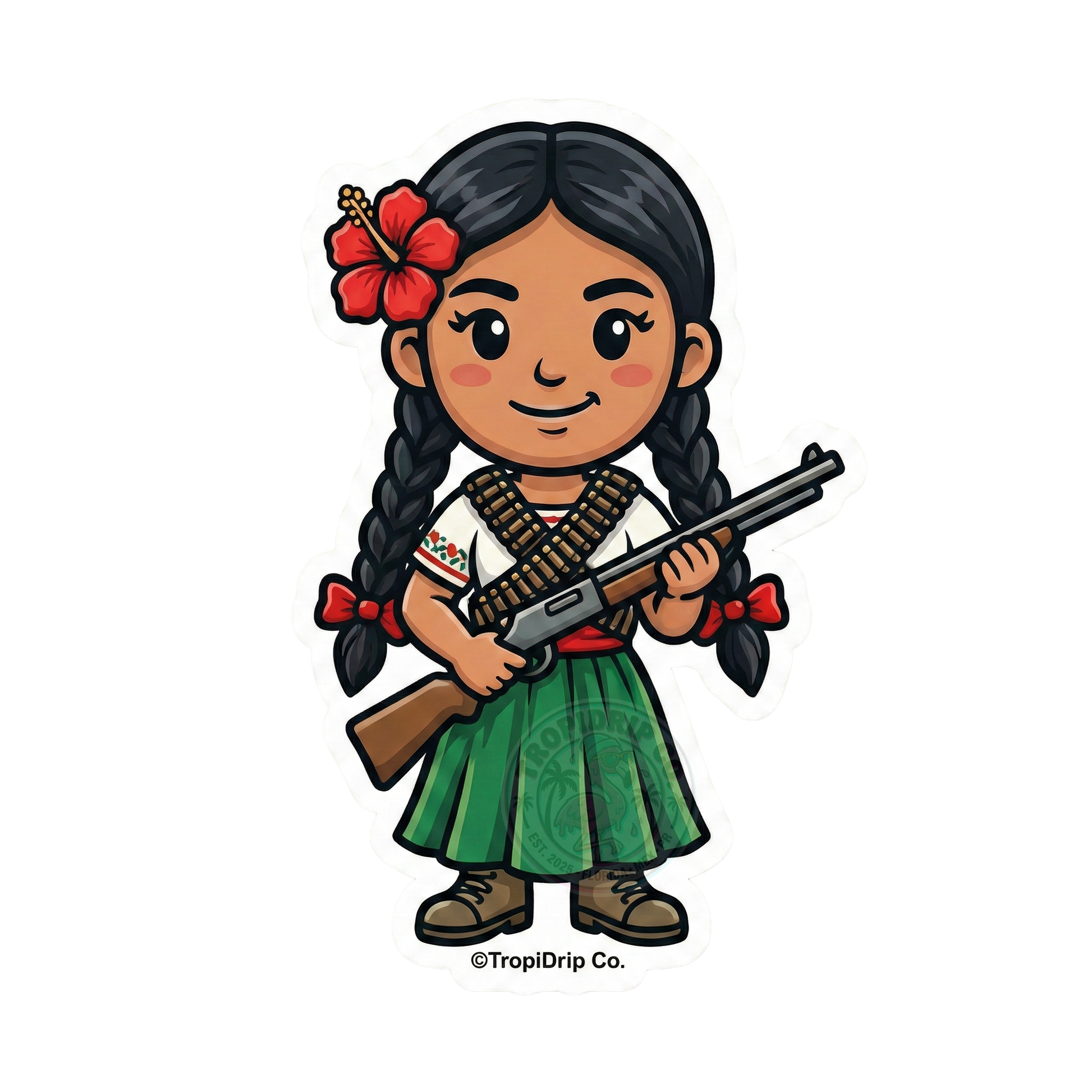 A vibrant chibi-style illustration of a Mexican Adelita revolutionary woman, designed as a die-cut vinyl sticker. The character features large, glossy black anime eyes, rosy cheeks, and braided dark hair tied with bright green ribbons. She wears a traditional dark dress with a red sash, crisscrossed ammunition bandoliers over her chest, and a wide-brimmed sombrero, all enclosed in a thick white contour border. TropiDrip Co. at the bottom.