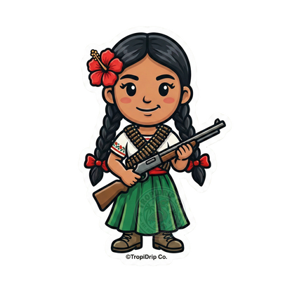 A vibrant chibi-style illustration of a Mexican Adelita revolutionary woman, designed as a die-cut vinyl sticker. The character features large, glossy black anime eyes, rosy cheeks, and braided dark hair tied with bright green ribbons. She wears a traditional dark dress with a red sash, crisscrossed ammunition bandoliers over her chest, and a wide-brimmed sombrero, all enclosed in a thick white contour border. TropiDrip Co. at the bottom.