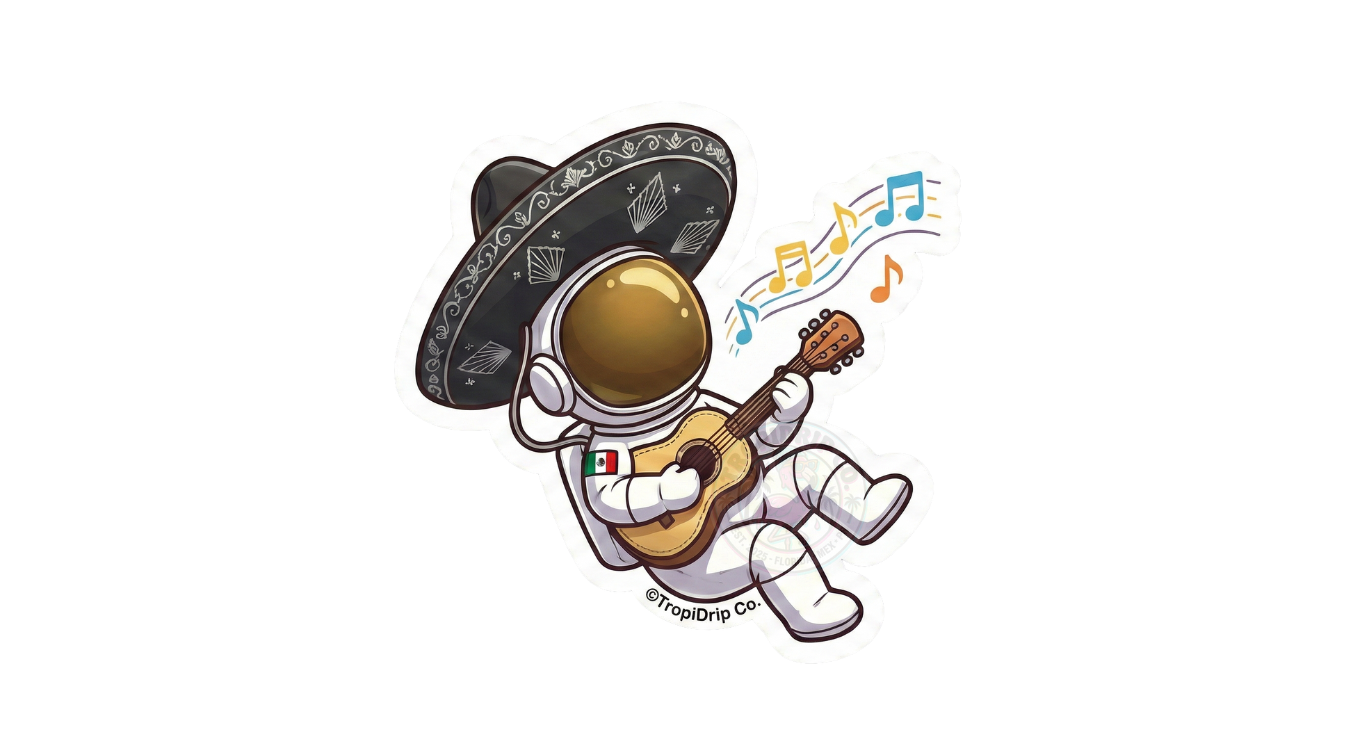 A creative chibi-style illustration of an astronaut dressed as a Mexican mariachi performer, designed as a die-cut vinyl sticker. The character wears a white space suit detailed with a wide-brimmed black mariachi sombrero with silver embroidery accents. Floating alongside the astronaut are a small brown acoustic guitar and colorful cosmic musical notes, all enclosed in a thick white contour border.