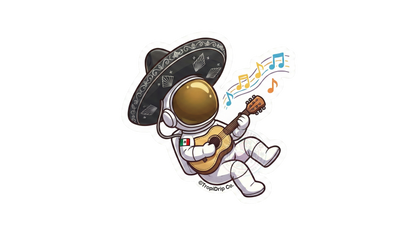 A creative chibi-style illustration of an astronaut dressed as a Mexican mariachi performer, designed as a die-cut vinyl sticker. The character wears a white space suit detailed with a wide-brimmed black mariachi sombrero with silver embroidery accents. Floating alongside the astronaut are a small brown acoustic guitar and colorful cosmic musical notes, all enclosed in a thick white contour border.