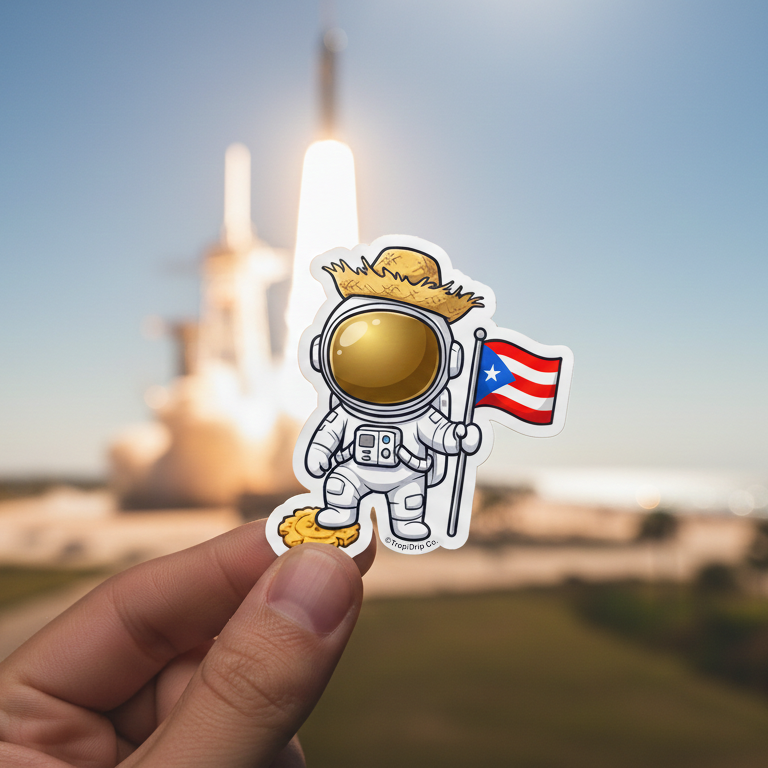 A close-up lifestyle photo of a hand holding a TropiDrip Co. Puerto Rican Astronaut sticker against the blurred backdrop of a NASA rocket launch at Cape Canaveral, Florida. The sticker features a chibi-style astronaut wearing a traditional straw hat, holding a Puerto Rican flag, and standing on a tostón, with the brand tag visible at the bottom.