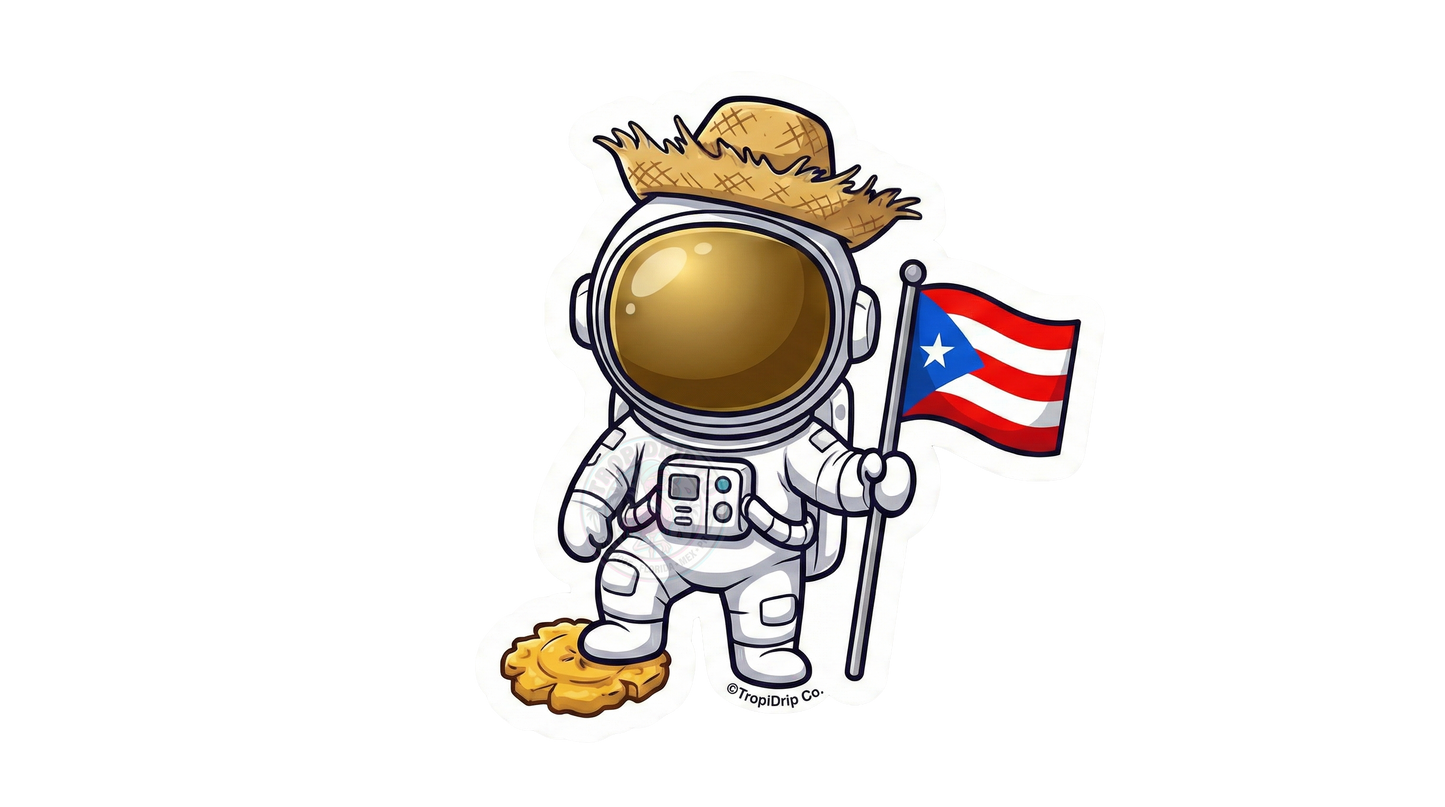A detailed mockup graphic of the chibi-style Puerto Rican astronaut vinyl sticker. The character is shown floating in space against a dark, star-filled cosmic background with subtle purple and blue nebulae. The glossy reflection on the space helmet visor catches the light, and the red, white, and blue colors of the Puerto Rican flag held by the astronaut pop vividly against the deep space backdrop.