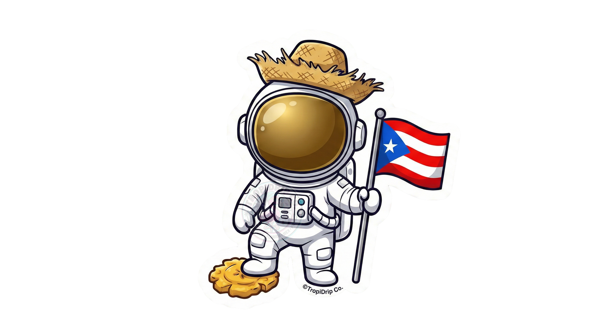 A detailed mockup graphic of the chibi-style Puerto Rican astronaut vinyl sticker. The character is shown floating in space against a dark, star-filled cosmic background with subtle purple and blue nebulae. The glossy reflection on the space helmet visor catches the light, and the red, white, and blue colors of the Puerto Rican flag held by the astronaut pop vividly against the deep space backdrop.