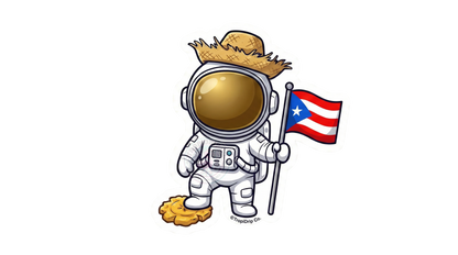 A detailed mockup graphic of the chibi-style Puerto Rican astronaut vinyl sticker. The character is shown floating in space against a dark, star-filled cosmic background with subtle purple and blue nebulae. The glossy reflection on the space helmet visor catches the light, and the red, white, and blue colors of the Puerto Rican flag held by the astronaut pop vividly against the deep space backdrop.