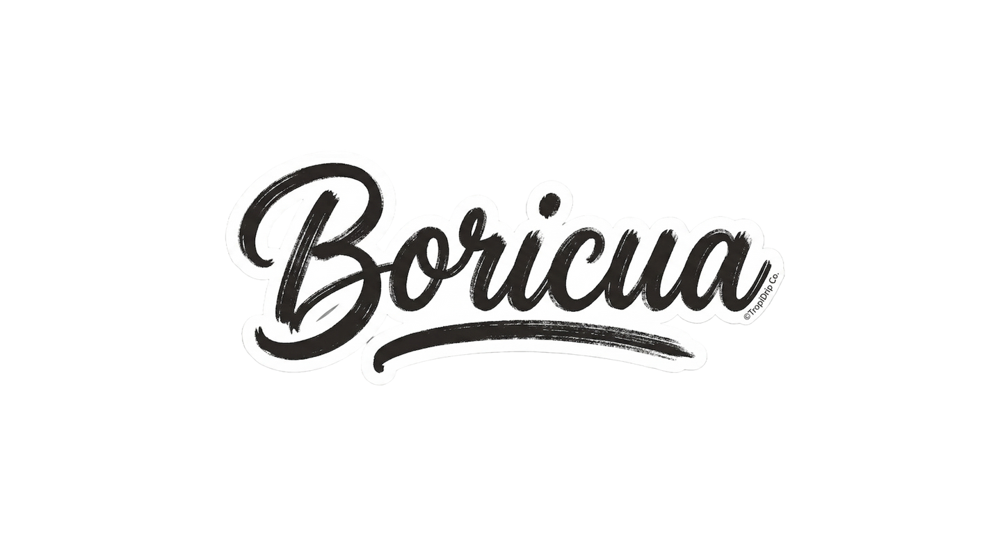 A bold culture-inspired typography sticker featuring the word 'Boricua' in a stylized, hand-brushed street graffiti calligraphy font. The script is rendered in deep black ink with realistic textured streaks and ink-skipping details, completely outlined by a crisp white die-cut border.