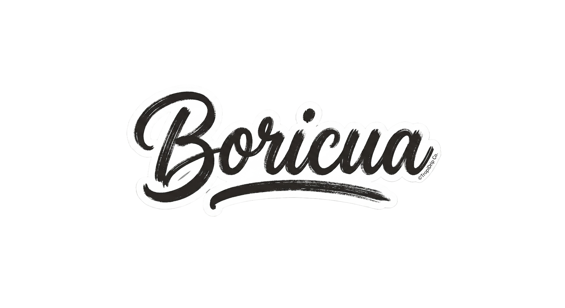 A bold culture-inspired typography sticker featuring the word 'Boricua' in a stylized, hand-brushed street graffiti calligraphy font. The script is rendered in deep black ink with realistic textured streaks and ink-skipping details, completely outlined by a crisp white die-cut border.