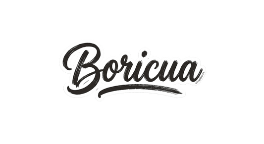 A bold culture-inspired typography sticker featuring the word 'Boricua' in a stylized, hand-brushed street graffiti calligraphy font. The script is rendered in deep black ink with realistic textured streaks and ink-skipping details, completely outlined by a crisp white die-cut border.