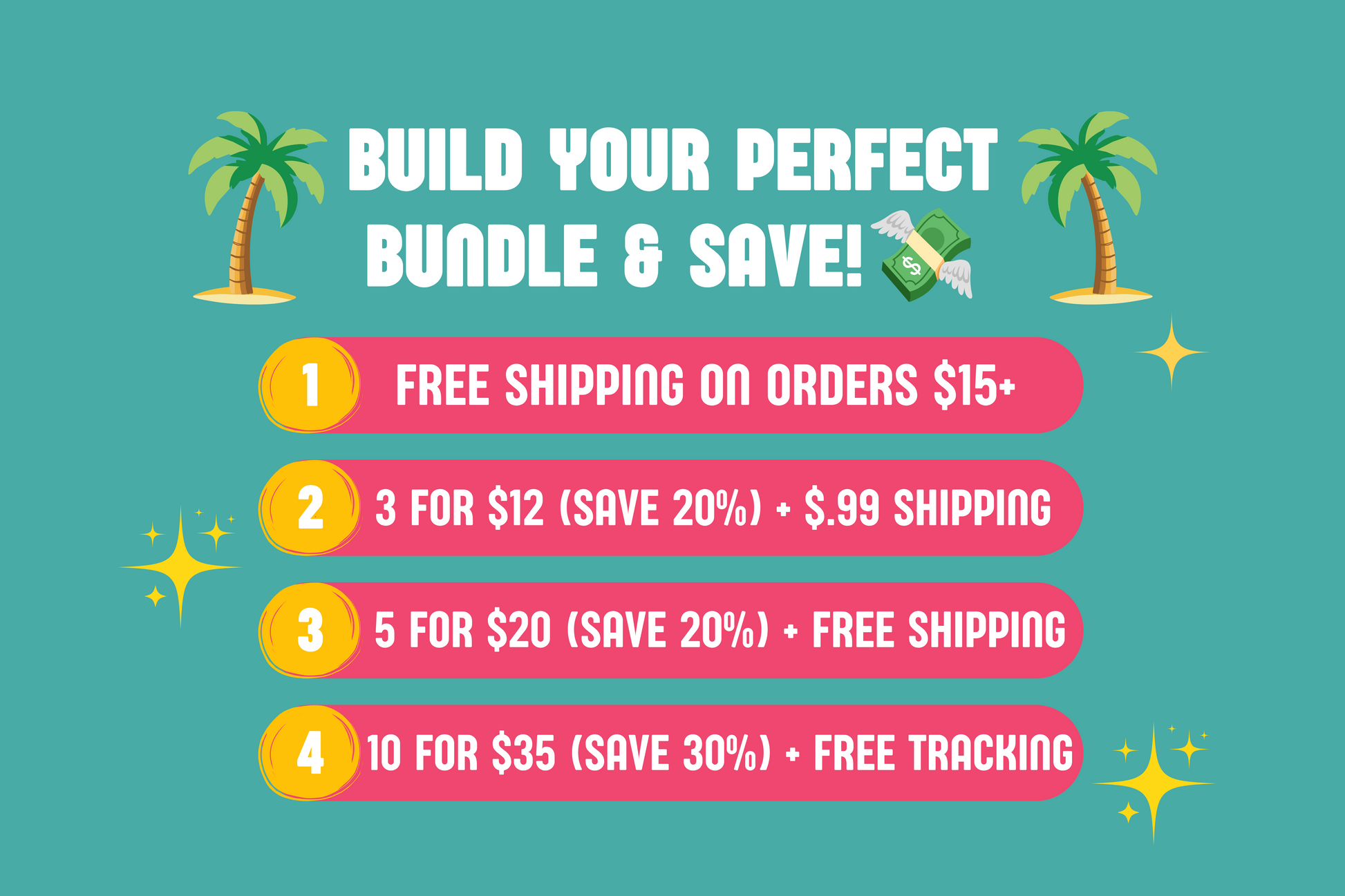 Promotional graphic for building a perfect bundle and saving on shipping costs with palm trees and colorful text on a teal background.