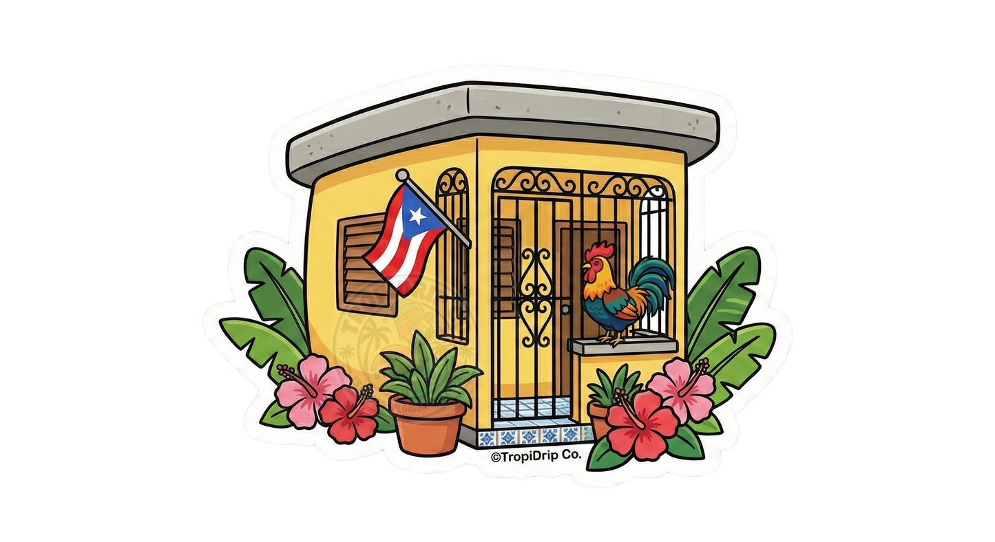 A satin matte vinyl sticker of a traditional yellow Puerto Rican house with ornate iron gates, a PR flag, and a colorful rooster. The design is framed by vibrant pink hibiscus flowers and tropical green leaves on a clean die-cut edge.