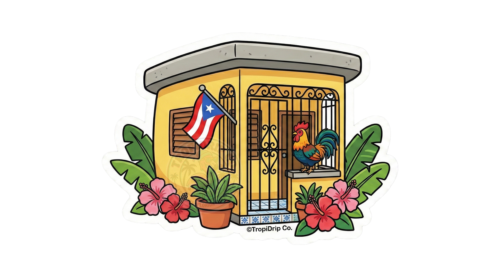 A satin matte vinyl sticker of a traditional yellow Puerto Rican house with ornate iron gates, a PR flag, and a colorful rooster. The design is framed by vibrant pink hibiscus flowers and tropical green leaves on a clean die-cut edge.