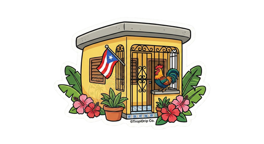 A satin matte vinyl sticker of a traditional yellow Puerto Rican house with ornate iron gates, a PR flag, and a colorful rooster. The design is framed by vibrant pink hibiscus flowers and tropical green leaves on a clean die-cut edge.
