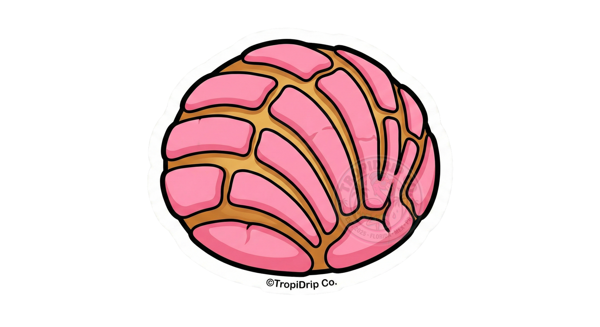 A cute chibi-style illustration of a Mexican sweet bread, known as a pink concha or pan dulce, designed as a die-cut vinyl sticker. The round pastry features large, glossy black anime eyes and a happy smile on its golden-brown bread base. The top is covered in vibrant pink sugar topping with the classic curved, seashell-like pattern lines. The entire design is enclosed in a thick white contour border.