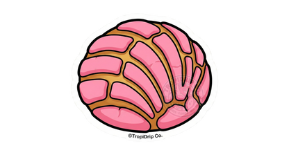 A cute chibi-style illustration of a Mexican sweet bread, known as a pink concha or pan dulce, designed as a die-cut vinyl sticker. The round pastry features large, glossy black anime eyes and a happy smile on its golden-brown bread base. The top is covered in vibrant pink sugar topping with the classic curved, seashell-like pattern lines. The entire design is enclosed in a thick white contour border.