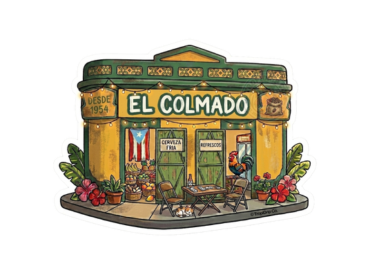 A highly detailed architectural vignette illustration of a traditional Puerto Rican corner store, designed as a vinyl sticker. The nostalgic scene features a green & yellow wooden building under warm string lights, complete with an open storefront displaying tropical fruits, an indoor flag, and a classic outdoor domino table flanked by a local rooster and a sleeping cat. The illustration is enclosed in a clean white border.
