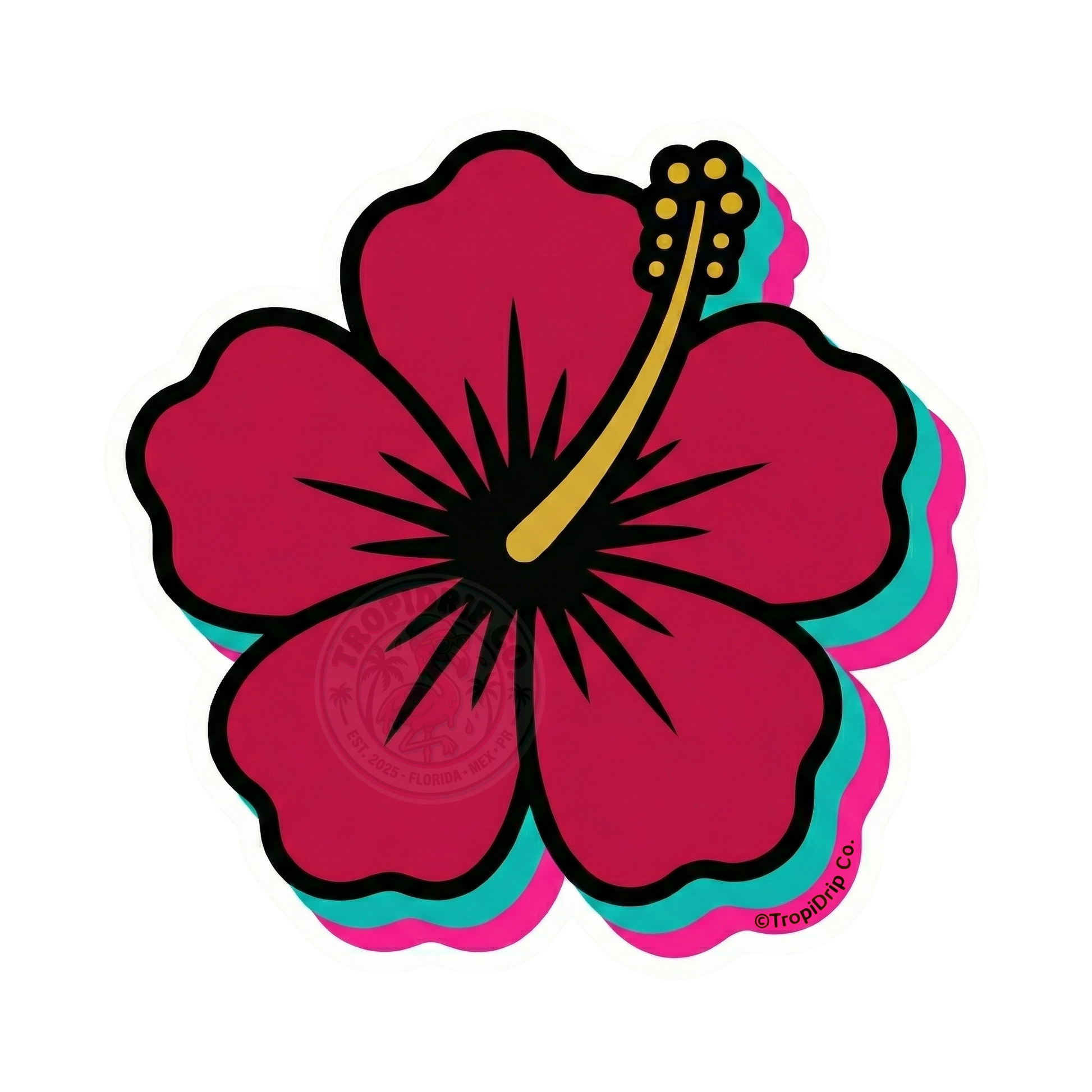 A vibrant chibi-style illustration of the Flor de Maga, the national flower of Puerto Rico, designed as a die-cut vinyl sticker. The cute character features large, glossy black anime eyes, a subtle smile, and deep red petals with intricate line art detailing. A yellow stamen extends from the center, and two small green leaves peek out from the side. The design is enclosed in a thick white contour border with the text '©TropiDrip Co.' printed cleanly at the bottom right.