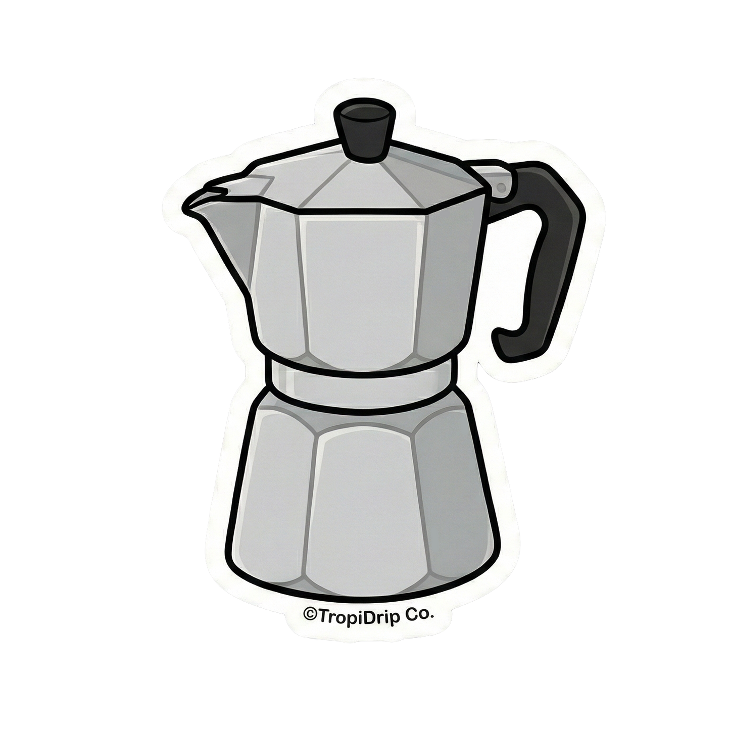 A vibrant chibi-style vinyl sticker illustration of a classic silver Italian espresso maker, locally known as a greca or cafetera. The character features a cute smiling face with glossy black anime-style eyes and rosy cheeks. Rich dark espresso is shown splashing playfully from both sides of the lid, accented by a small brown coffee bean graphic on the metallic body. The design is enclosed in a thick, clean white contour border.