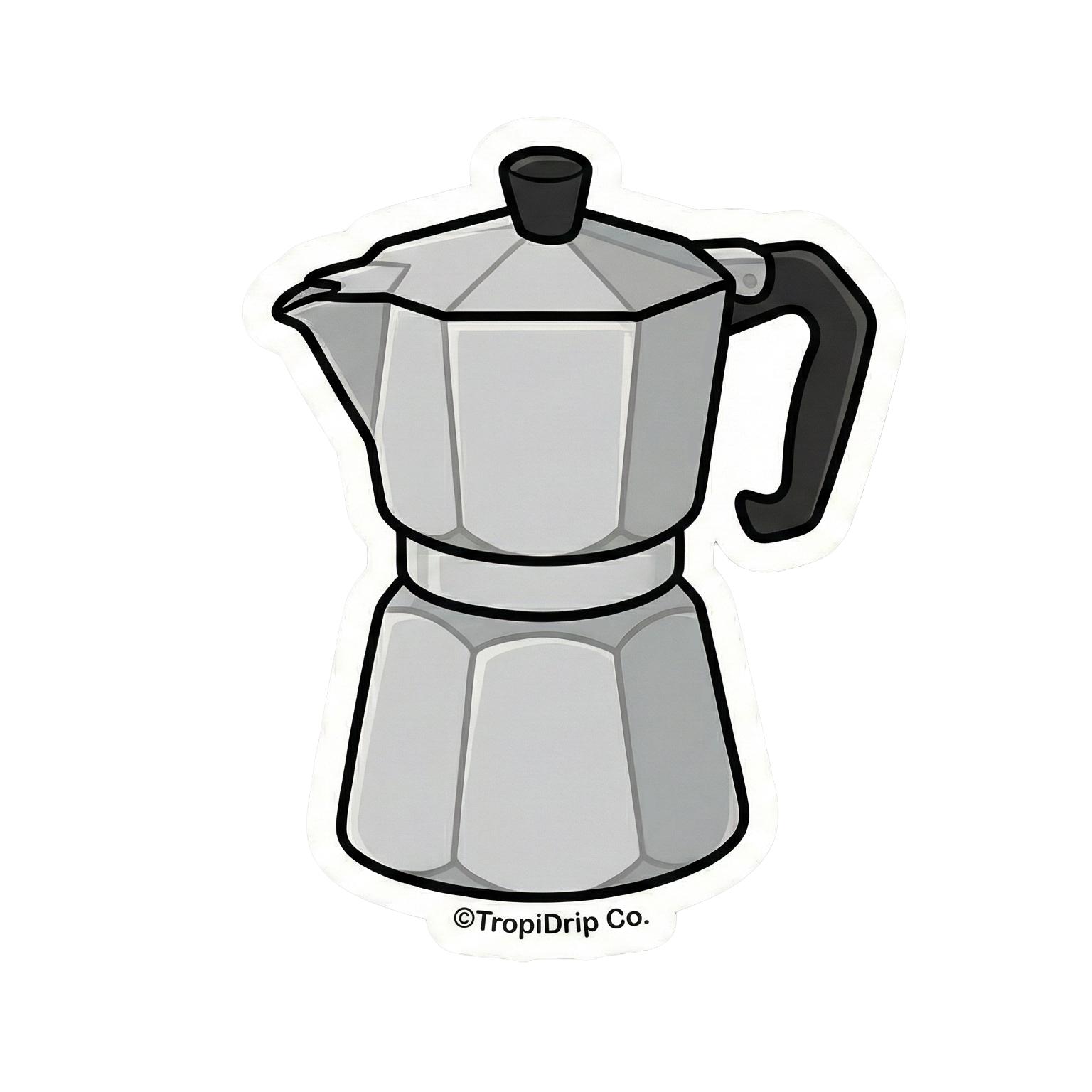A vibrant chibi-style vinyl sticker illustration of a classic silver Italian espresso maker, locally known as a greca or cafetera. The character features a cute smiling face with glossy black anime-style eyes and rosy cheeks. Rich dark espresso is shown splashing playfully from both sides of the lid, accented by a small brown coffee bean graphic on the metallic body. The design is enclosed in a thick, clean white contour border.