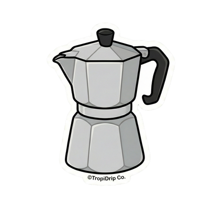 A vibrant chibi-style vinyl sticker illustration of a classic silver Italian espresso maker, locally known as a greca or cafetera. The character features a cute smiling face with glossy black anime-style eyes and rosy cheeks. Rich dark espresso is shown splashing playfully from both sides of the lid, accented by a small brown coffee bean graphic on the metallic body. The design is enclosed in a thick, clean white contour border.