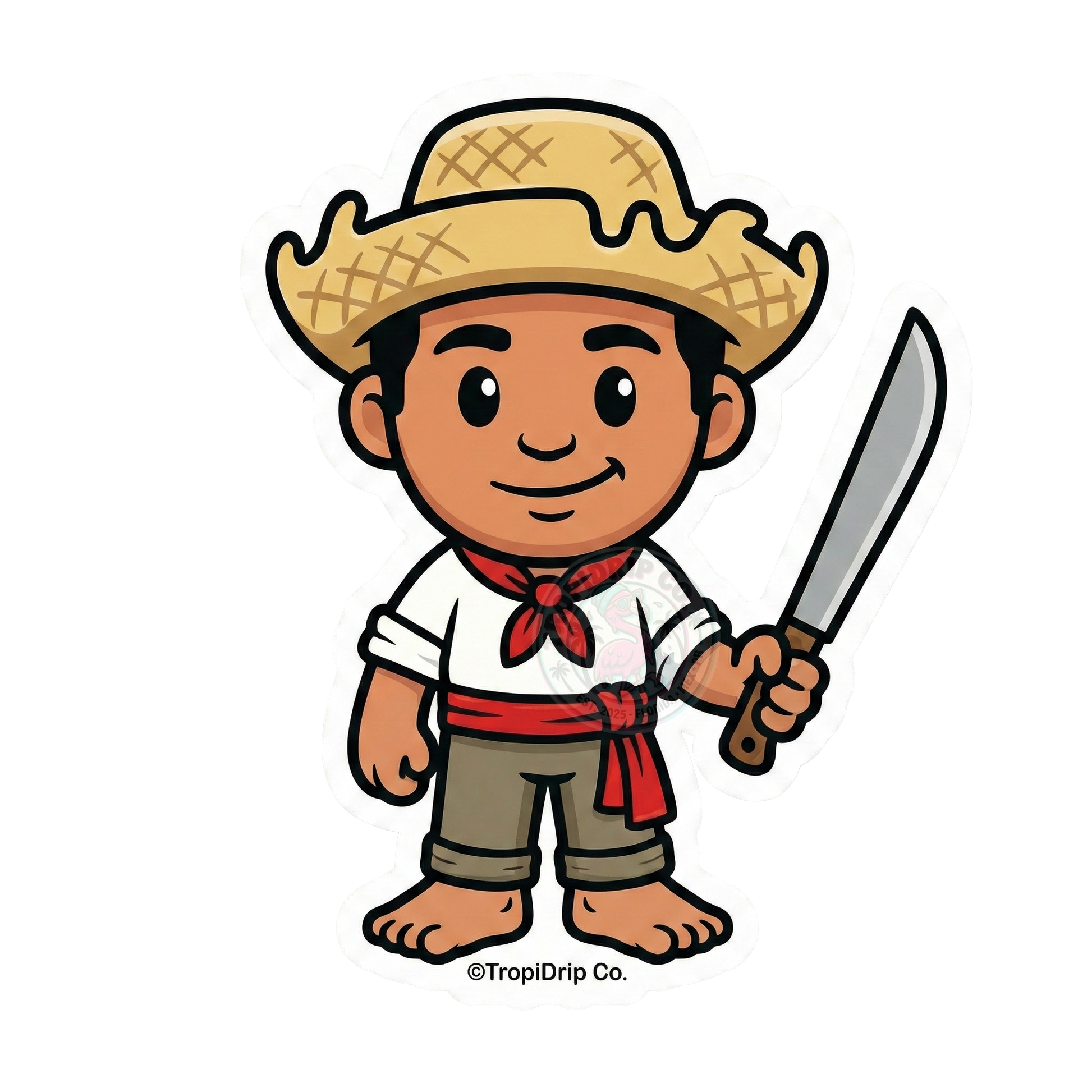 A charming chibi-style illustration of a traditional Puerto Rican jíbaro farmer, designed as a die-cut vinyl sticker. The cute character features large, glossy black anime eyes, a happy smile, and a tan. He wears a traditional white-colored shirt, khaki pants, and a classic pava straw hat. He is proudly holding a large, vibrantly detailed machete, all enclosed in a thick white contour border with TropiDrip Co. at the bottom.