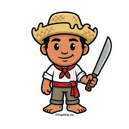 A charming chibi-style illustration of a traditional Puerto Rican jíbaro farmer, designed as a die-cut vinyl sticker. The cute character features large, glossy black anime eyes, a happy smile, and a tan. He wears a traditional white-colored shirt, khaki pants, and a classic pava straw hat. He is proudly holding a large, vibrantly detailed machete, all enclosed in a thick white contour border with TropiDrip Co. at the bottom.