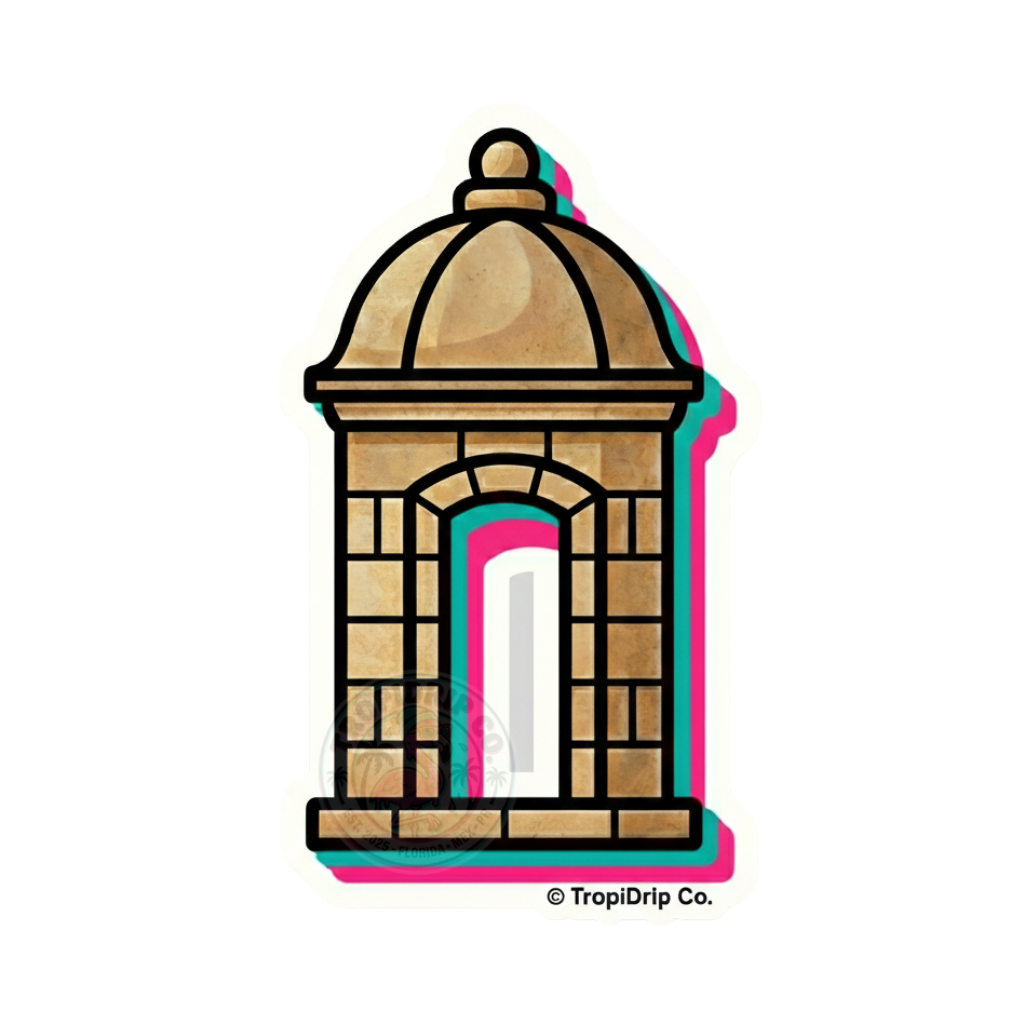 A clean architectural illustration of a traditional Puerto Rican sentry box, known as La Garita del Morro, designed as a die-cut vinyl sticker. The detailed stone structure features crisp beige brickwork line art with subtle light blue and grey shading for depth. The entire design is enclosed within a solid white offset contour border, completed by a clean brand tag reading '©TropiDrip Co.' integrated smoothly along the bottom edge.