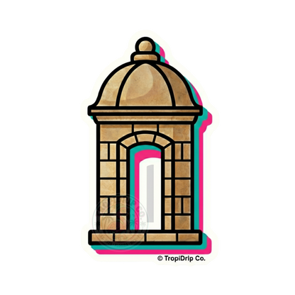 A clean architectural illustration of a traditional Puerto Rican sentry box, known as La Garita del Morro, designed as a die-cut vinyl sticker. The detailed stone structure features crisp beige brickwork line art with subtle light blue and grey shading for depth. The entire design is enclosed within a solid white offset contour border, completed by a clean brand tag reading '©TropiDrip Co.' integrated smoothly along the bottom edge.