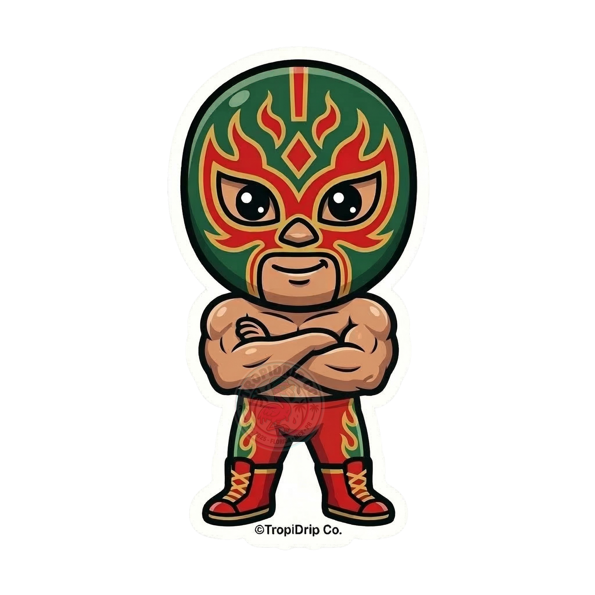 A vibrant chibi-style illustration of a full-body Mexican luchador wrestler designed as a die-cut vinyl sticker. The character is striking a powerful, confident stance with arms crossed, wearing an iconic wrestling mask detailed in bright green, red, and gold patterns. The design is finished with a thick, clean white contour border.
