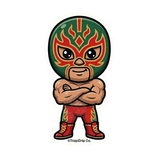 A vibrant chibi-style illustration of a full-body Mexican luchador wrestler designed as a die-cut vinyl sticker. The character is striking a powerful, confident stance with arms crossed, wearing an iconic wrestling mask detailed in bright green, red, and gold patterns. The design is finished with a thick, clean white contour border.