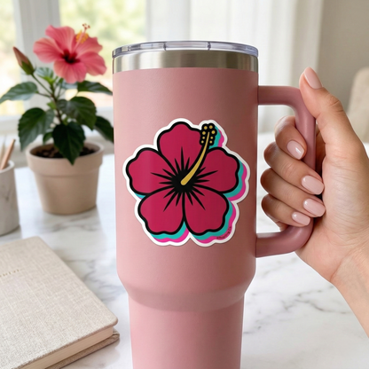 A product application mockup displaying the red chibi Flor de Maga vinyl sticker cleanly applied to the smooth surface of a dark-colored insulated water bottle. The durable, waterproof nature of the heavy-duty decal is showcased on the curved surface. The clean white border of the sticker provides a high-contrast pop against the dark bottle background, emphasizing its use as a premium accessory for everyday gear.