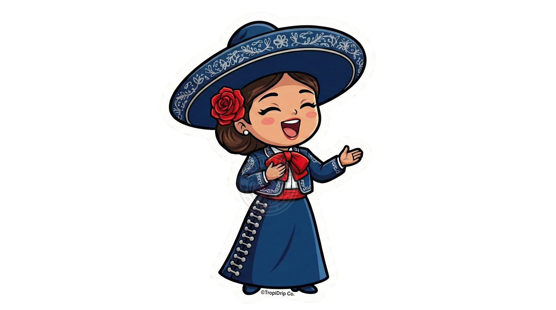 Chibi-style female Mariachi vinyl sticker wearing a navy blue 'traje de charro' with silver embroidery and a red bowtie, singing joyfully with a red rose in her hair.