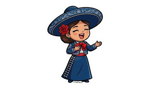 Chibi-style female Mariachi vinyl sticker wearing a navy blue 'traje de charro' with silver embroidery and a red bowtie, singing joyfully with a red rose in her hair.