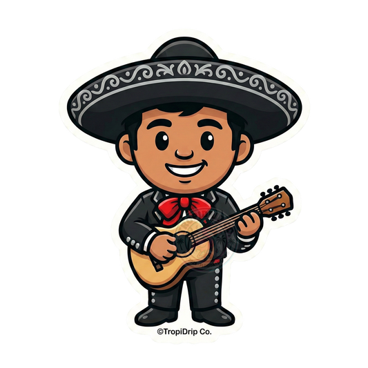 Cartoon Mariachi sticker, cute Mexican charro playing guitar, waterproof vinyl decal by TropiDrip Co.