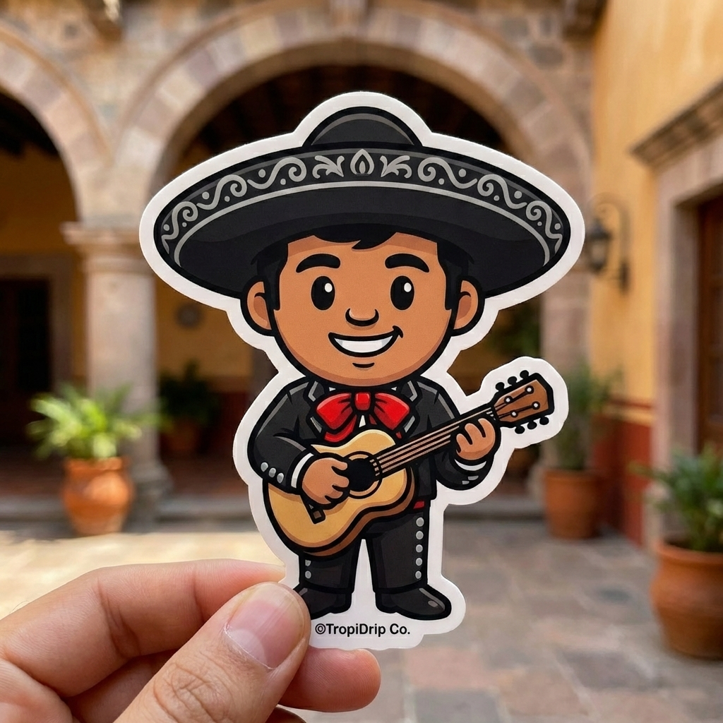 Hand holding cute Mariachi sticker with blurred Mexican hacienda archway in background, waterproof vinyl decal by TropiDrip Co.