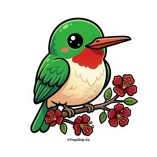 A vibrant chibi-style illustration of a Puerto Rican Tody bird, locally known as a San Pedrito, designed as a die-cut vinyl sticker. The cute, round bird features bright green feathers on its back and head, a stark white belly, a tiny yellow beak, and a signature prominent red throat patch. It is shown perched on a small brown tree branch accented with tiny red blossoms, all set against a clean white border.