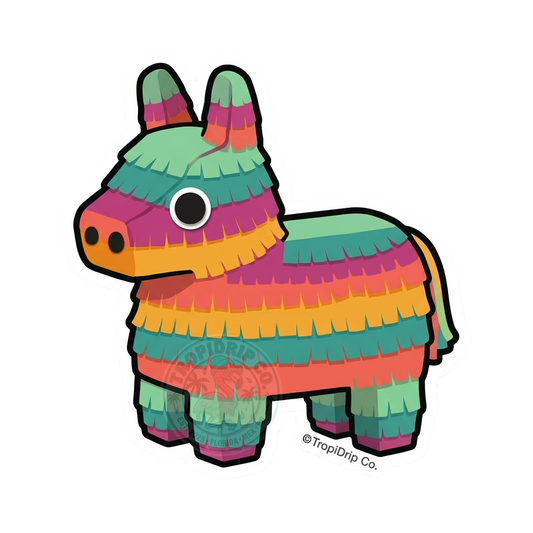 A colorful chibi-style illustration of a classic donkey piñata designed as a die-cut vinyl sticker. The festive character features cute, friendly anime eyes and distinct layered rows of fringed paper in bright shades of teal, magenta, orange, and lime green. The entire design is enclosed in a thick white contour border.