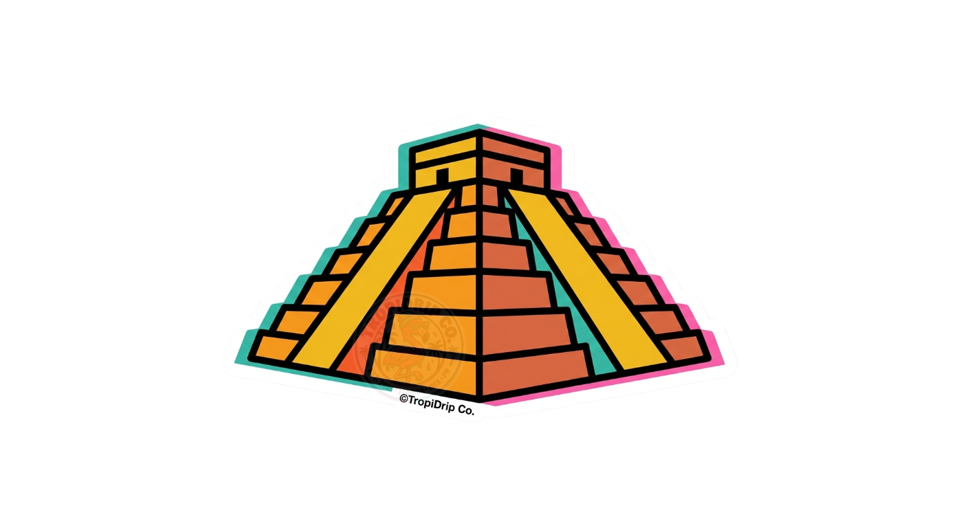 A vibrant vinyl sticker of a stylized Aztec pyramid featuring bold geometric levels in warm orange and yellow tones with teal and pink accents. The sticker has a thick white border and includes the '@TropiDrip Co.' watermark at the bottom.