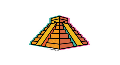 A vibrant vinyl sticker of a stylized Aztec pyramid featuring bold geometric levels in warm orange and yellow tones with teal and pink accents. The sticker has a thick white border and includes the '@TropiDrip Co.' watermark at the bottom.