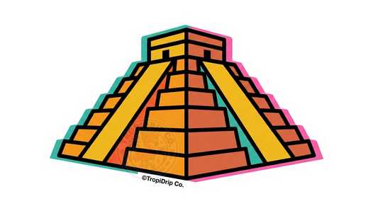 A vibrant vinyl sticker of a stylized Aztec pyramid featuring bold geometric levels in warm orange and yellow tones with teal and pink accents. The sticker has a thick white border and includes the '@TropiDrip Co.' watermark at the bottom.