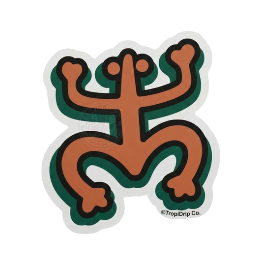 An indigenous Puerto Rican Taíno petroglyph representation of a coquí frog, designed as a die-cut vinyl sticker. The symbol is rendered in a warm, rustic terracotta-orange color with bold black outlines, backed by a clean dark emerald-green offset drop shadow layer. The entire sticker is enclosed within a crisp, solid white contour border with a small copyright symbol and text reading '©TropiDrip Co.' integrated smoothly at the bottom right.