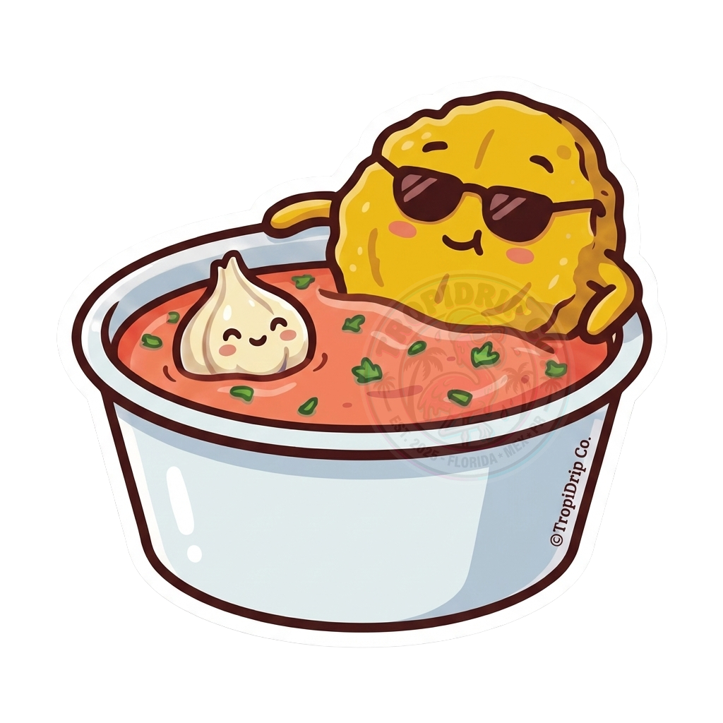 A glossy vinyl sticker of a cool chibi-style tostón (fried plantain) wearing black sunglasses and leaning against the edge of a mayo-ketchup bowl. A smiling garlic clove sits in the pink sauce next to him.