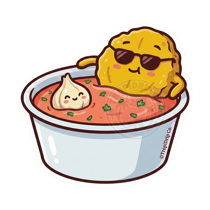 A glossy vinyl sticker of a cool chibi-style tostón (fried plantain) wearing black sunglasses and leaning against the edge of a mayo-ketchup bowl. A smiling garlic clove sits in the pink sauce next to him.