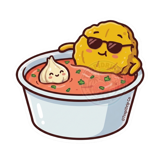 A glossy vinyl sticker of a cool chibi-style tostón (fried plantain) wearing black sunglasses and leaning against the edge of a mayo-ketchup bowl. A smiling garlic clove sits in the pink sauce next to him.