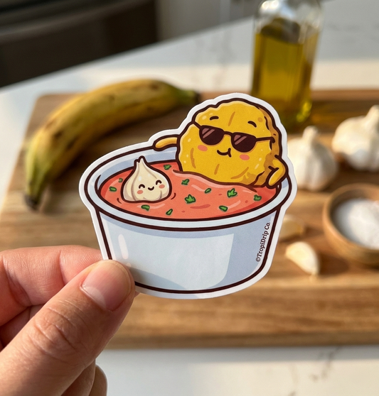 A hand holding a vibrant vinyl sticker of a chibi-style fried plantain (tostón) wearing sunglasses and reclining in a bowl of pink mayo-ketchup sauce with a smiling garlic clove. The background is a blurry kitchen island featuring a green plantain, garlic, and olive oil on a wooden cutting board.
