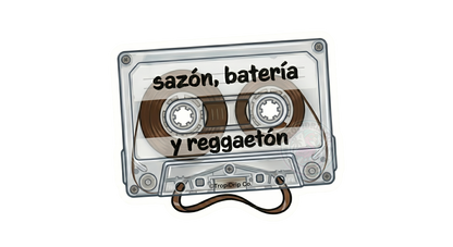 A nostalgic retro-style vinyl sticker shaped like a clear plastic audio cassette tape. The words 'sazón, batería y reggaeton' are printed across the center in a casual, bold black lowercase font. The detailed illustration shows the inner gears, transparent housing, and a realistic loop of brown magnetic tape spilling out from the bottom center. The entire design is outlined with a clean white die-cut border featuring a small '©TropiDrip Co.' brand tag.